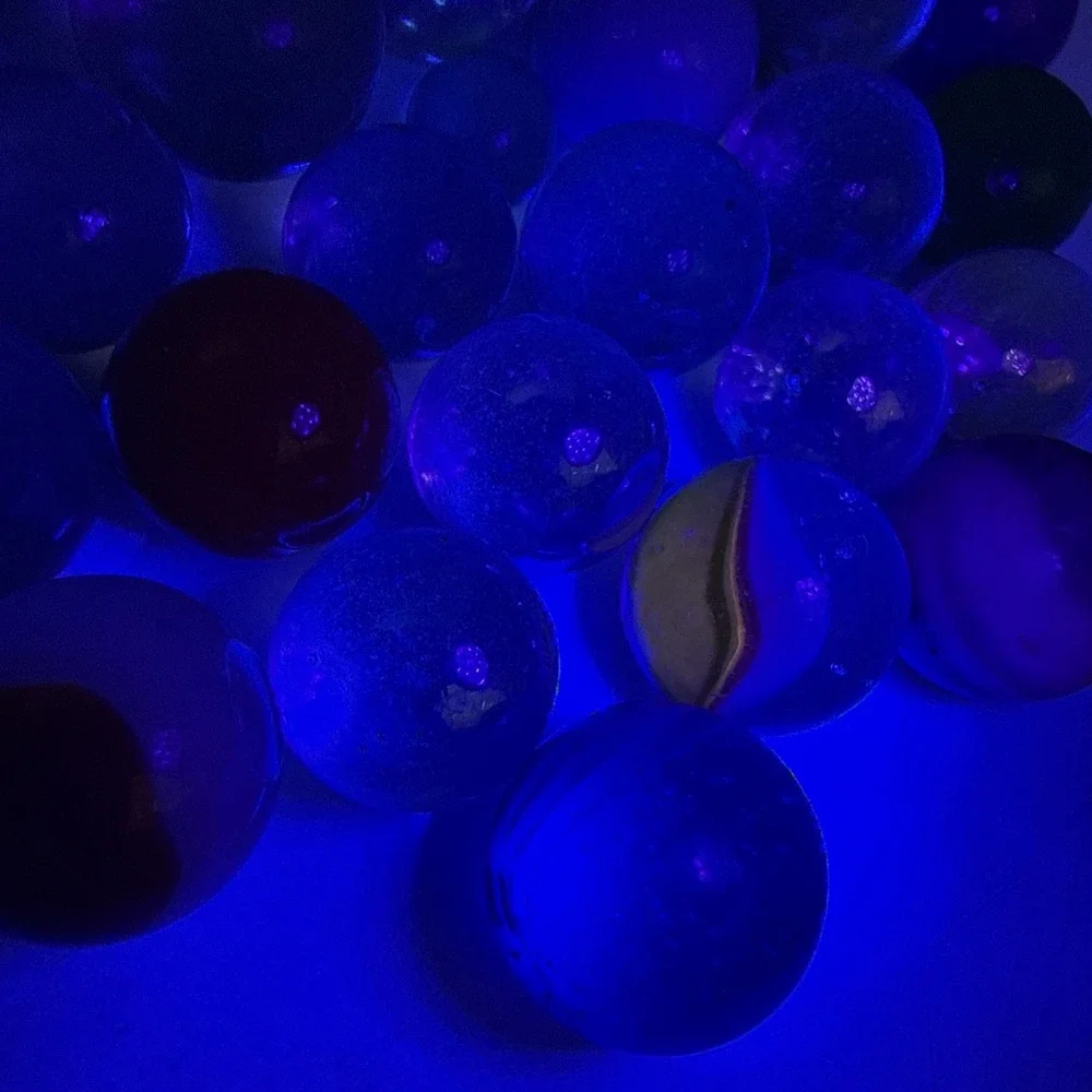 Lot Of Unique Vintage Marbles In Blue Mason Jar Some Glow- See Pics